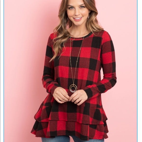 Red buffalo plaid long sleeves, ruffled, layer hem top, boutique - Picture 2 of 5
